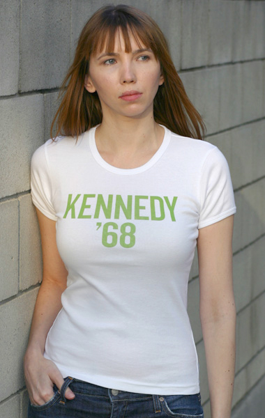 Robert 'Bobby'
Kennedy 'Kennedy 68' 1968 Presidential Campaign T-Shirt - Womens (Model: Andrea Mekshes)