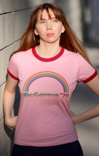 George
McGovern Rainbow 1972 Presidential Campaign T-Shirt - Womens (Model: Andrea Mekshes)