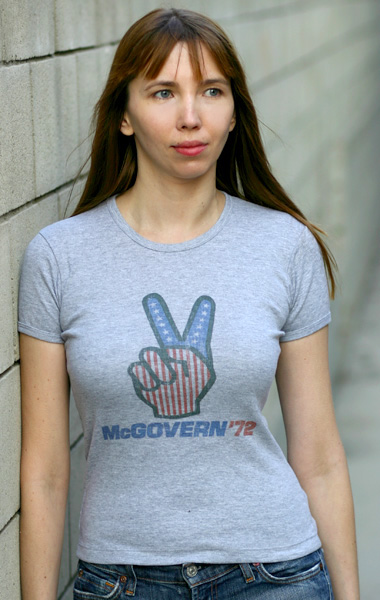 George
McGovern Hand Peace Sign 1972 Presidential Campaign T-Shirt - Womens (Model: Andrea Mekshes)