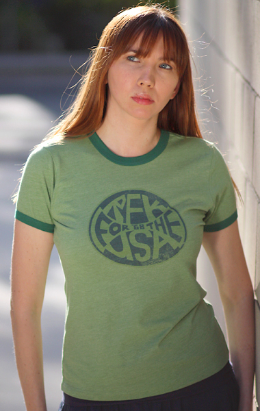 Robert 'Bobby' Kennedy 'RFK for the USA' 1968 Presidential Campaign T-Shirt in Green - Womens (Model: Andrea Mekshes)